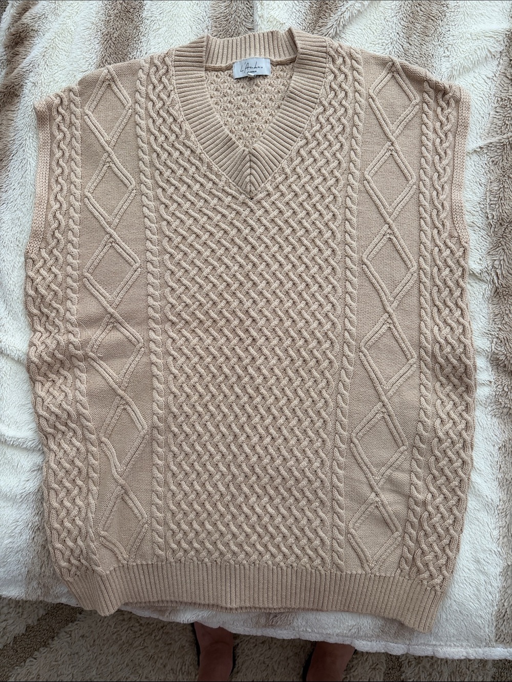 L'Academie Beige Cable-Knit V-Neck Sweater Vest